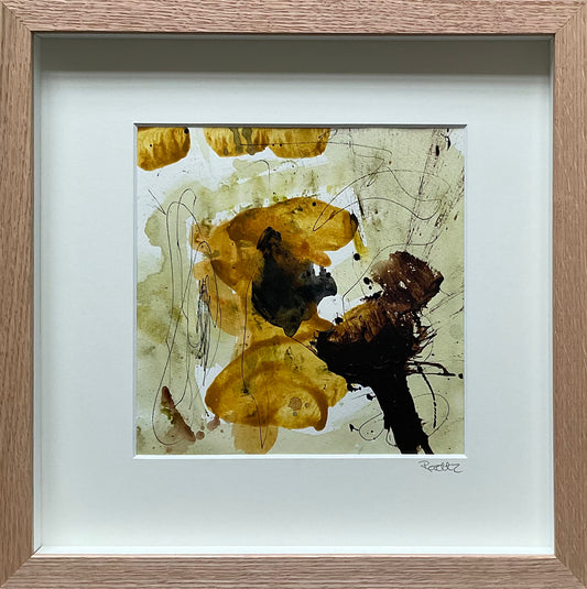 Paperwork, 30x30 cm, i boksramme af massivt egetræ by Lone Reedtz , Abstrakt ekspressivt akrylmaleri på papir i passepartout