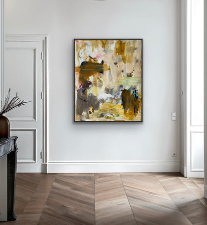 Abstrakt maleri, 120x100 cm, “GOLDEN SILENCE” by Lone Reedtz , Abstrakt ekspressivt akrylmaleri på lærred Med sort svæveramme Blue Brown Green Grey Kunstsamlingen-katalog-2025 Orange Pink White Yellow