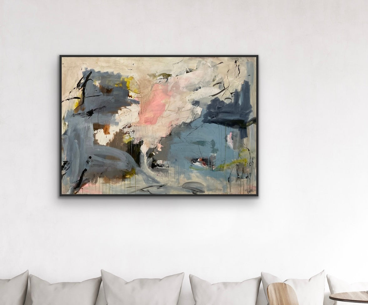 Abstrakt maleri, 140x100 cm, "Nordic Feelings" by Lone Reedtz , Abstrakt ekspressivt akrylmaleri på lærred Med sort svæveramme