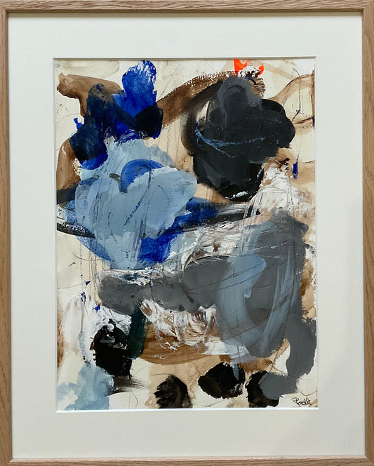 Paperwork nr. 73, 50x40 cm, i massiv egetræsramme by Lone Reedtz , Abstrakt ekspressivt akrylmaleri på papir i passepartout