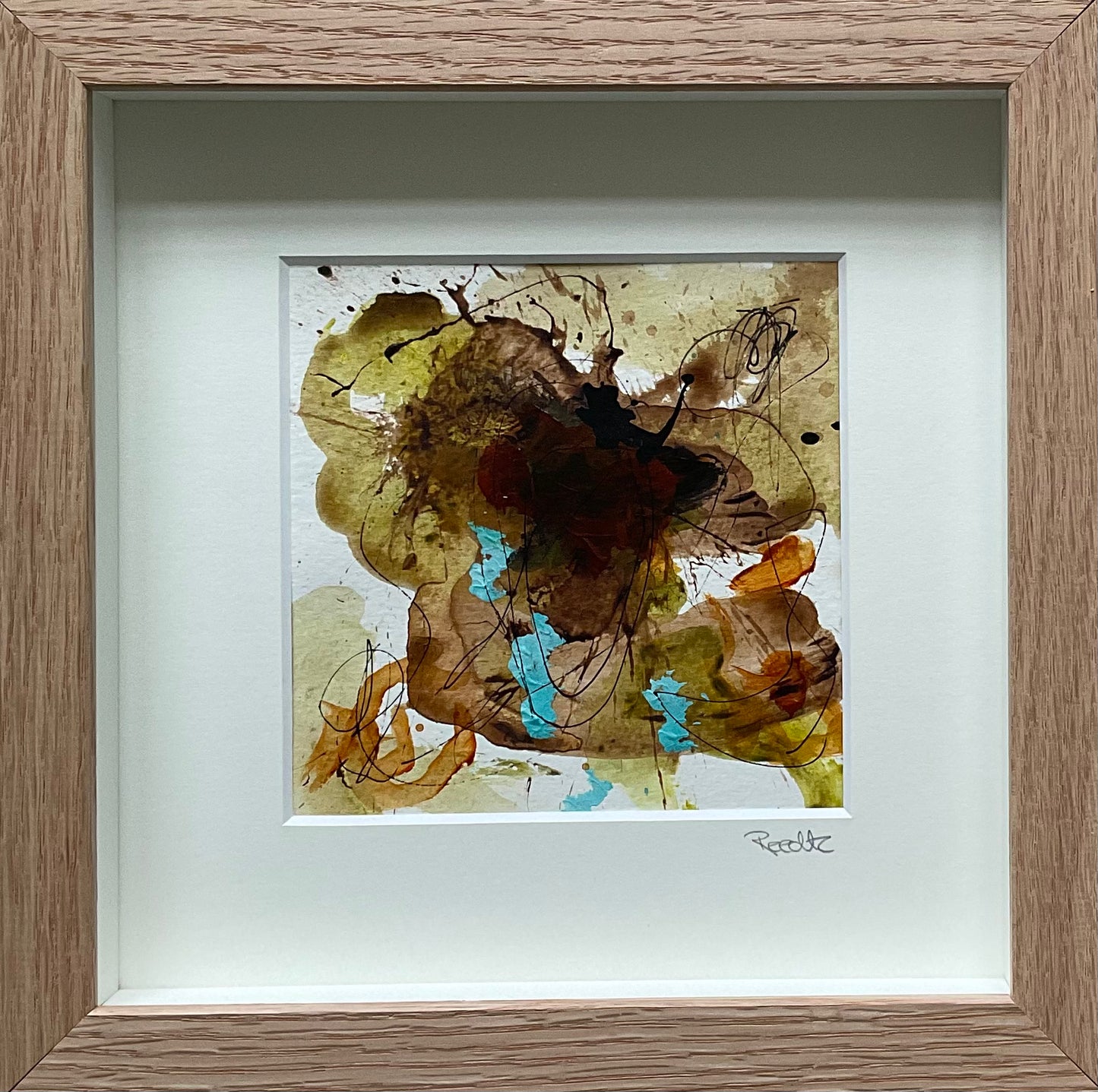 Paperwork, 20x20 cm, i boksramme af massivt egetræ by Lone Reedtz , Abstrakt ekspressivt akrylmaleri på papir i passepartout