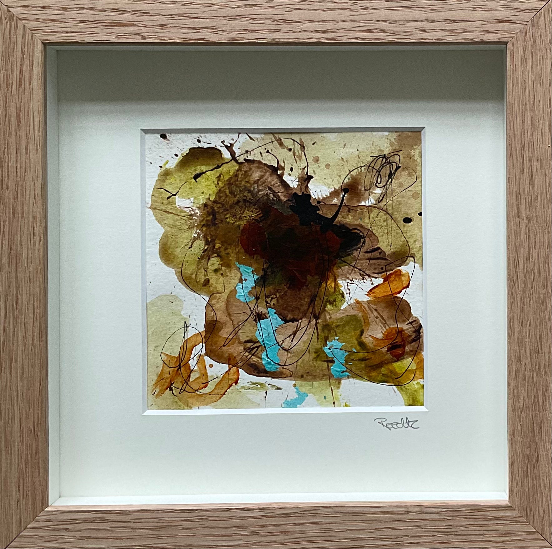 Paperwork, 20x20 cm, i boksramme af massivt egetræ by Lone Reedtz , Abstrakt ekspressivt akrylmaleri på papir i passepartout