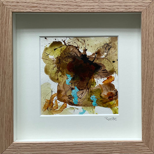 Paperwork, 20x20 cm, i boksramme af massivt egetræ by Lone Reedtz , Abstrakt ekspressivt akrylmaleri på papir i passepartout