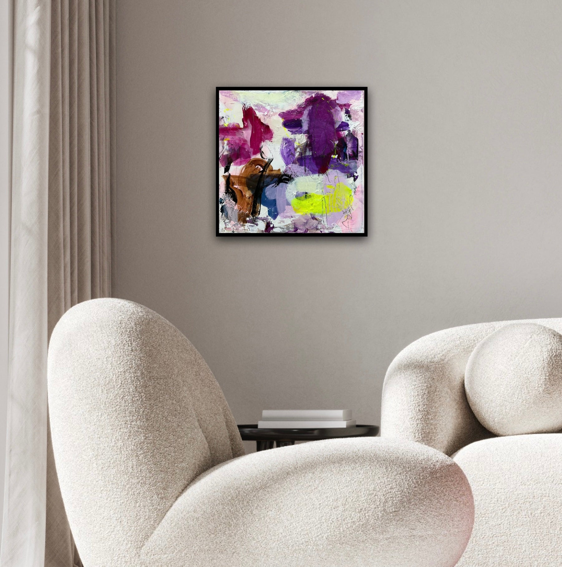 Abstrakt maleri, 40x40 cm, "Make a wish” by Lone Reedtz , Abstrakt ekspressivt akrylmaleri på lærred Med sort svæveramme Black Blue Brown Grey Ochre Pink Purple White Yellow