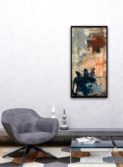 Abstrakt maleri, 50x100 cm, "A beautiful time" by Lone Reedtz , Abstrakt ekspressivt akrylmaleri på lærred Black Blue Brown Golden Ochre Pink White