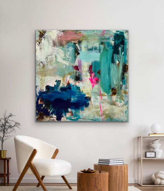 Abstrakt maleri, 120x120 cm, "WALKING ON A DREAM” by Lone Reedtz , Abstrakt ekspressivt akrylmaleri på lærred