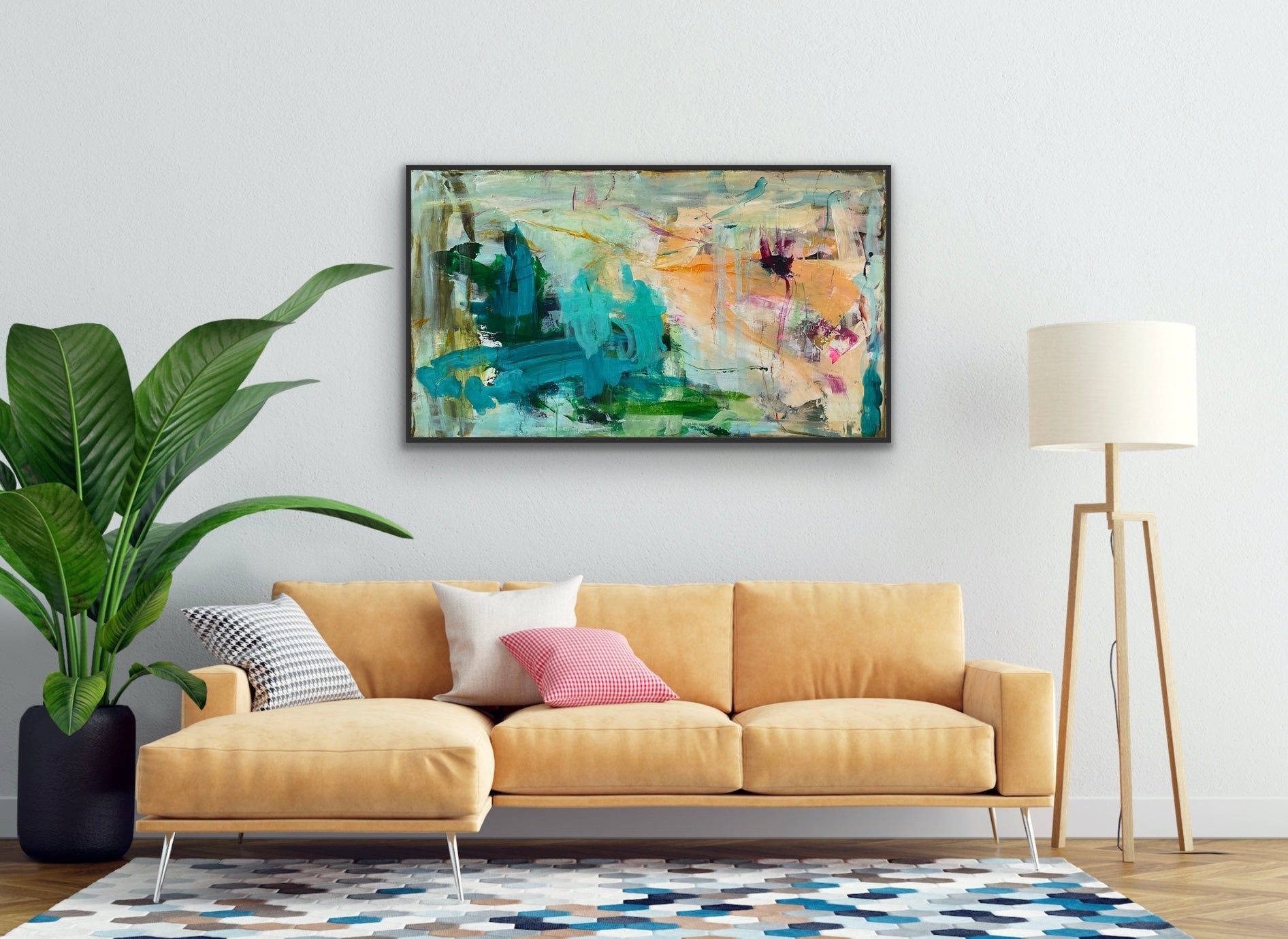 Abstrakt maleri, 80x140 cm, "UNDERNEATH THE SEA” by Lone Reedtz , Abstrakt ekspressivt akrylmaleri på lærred