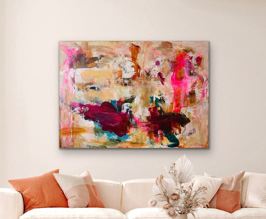 Abstrakt maleri, 100x140 cm, "CHANGE THE WORLD” by Lone Reedtz , Abstrakt ekspressivt akrylmaleri på lærred Uden ramme