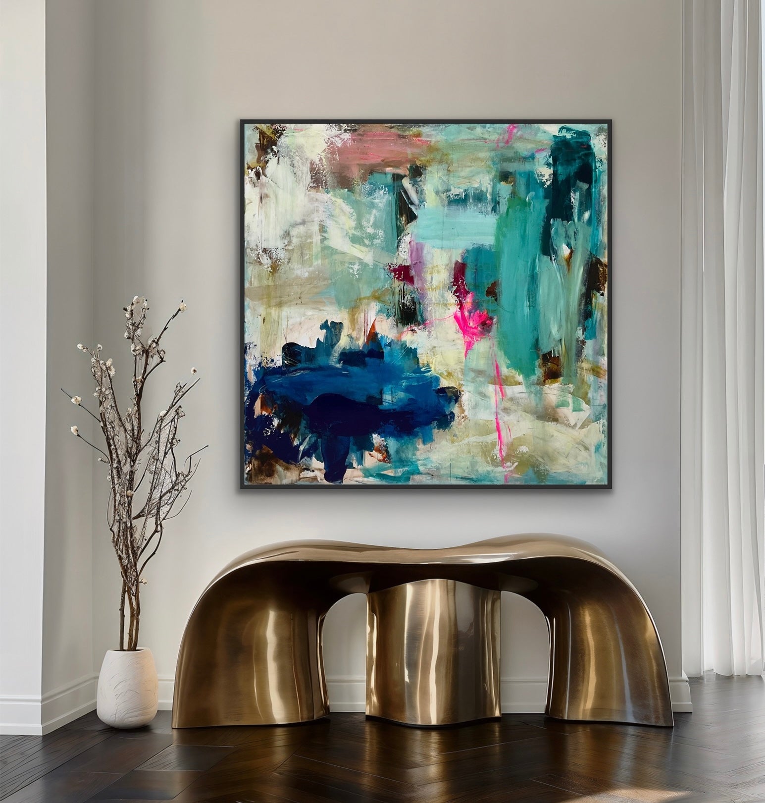 Abstrakt maleri, 120x120 cm, "WALKING ON A DREAM” by Lone Reedtz , Abstrakt ekspressivt akrylmaleri på lærred Med sort svæveramme