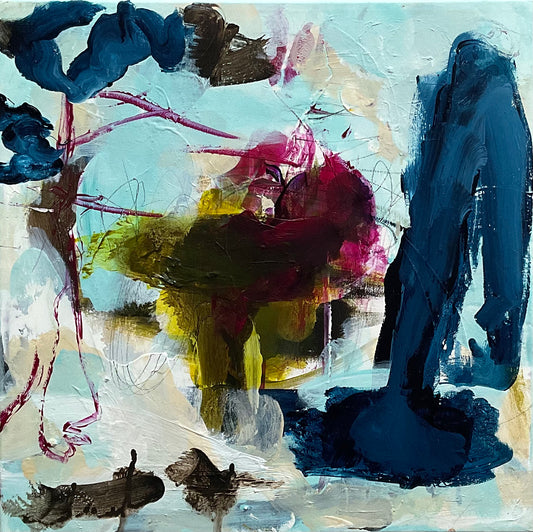 Abstrakt maleri, 40x40 cm, "Full of dreams” by Lone Reedtz , Abstrakt ekspressivt akrylmaleri på lærred Uden ramme Black Blue Brown Green Ochre Purple White