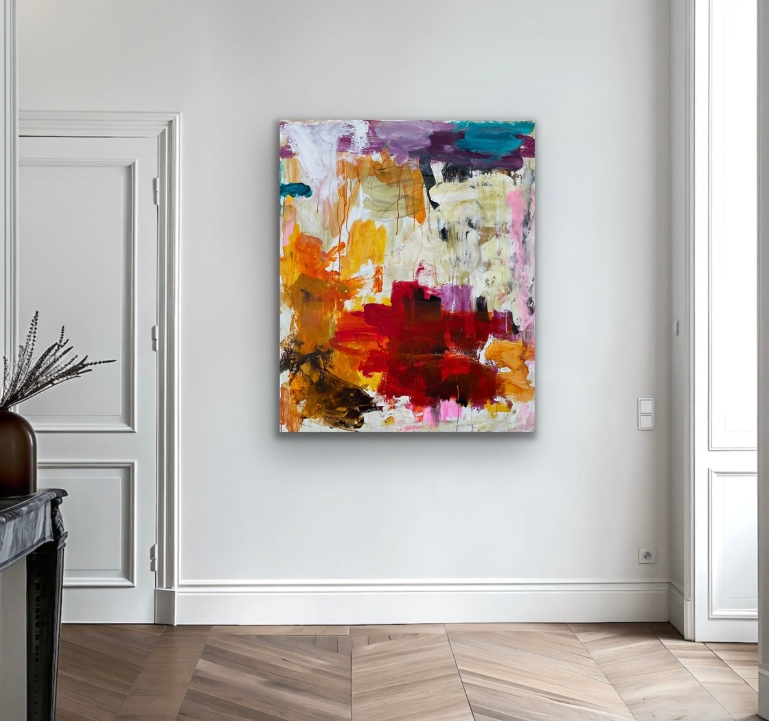 Abstrakt maleri, 120x100 cm, “ENERGY” by Lone Reedtz , Abstrakt ekspressivt akrylmaleri på lærred Blue Brown Green Grey Kunstsamlingen-katalog-2025 Orange Pink White Yellow