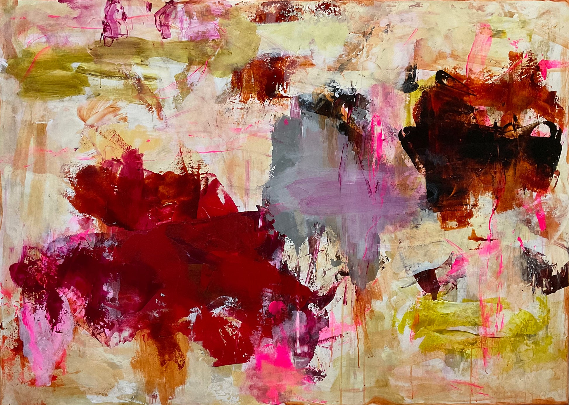 Abstrakt maleri, 100x140 cm, "STORYTELLING” by Lone Reedtz , Abstrakt ekspressivt akrylmaleri på lærred