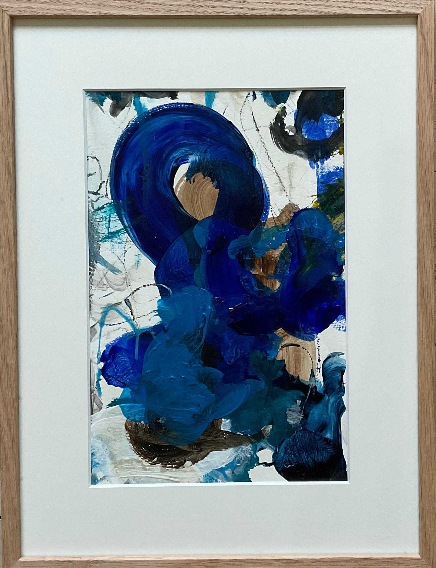 Paperwork nr. 111, 40x30 cm i massiv egetræsramme by Lone Reedtz , Abstrakt ekspressivt akrylmaleri på papir i passepartout