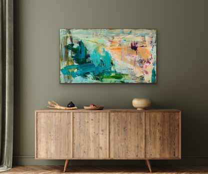 Abstrakt maleri, 80x140 cm, "UNDERNEATH THE SEA” by Lone Reedtz , Abstrakt ekspressivt akrylmaleri på lærred