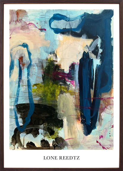 Abstrakt kunstplakat, 62x44 cm, "Touch the sky" - Limited Edition by Lone Reedtz , Abstrakt ekspressiv kunstplakat Mørk egetræsramme