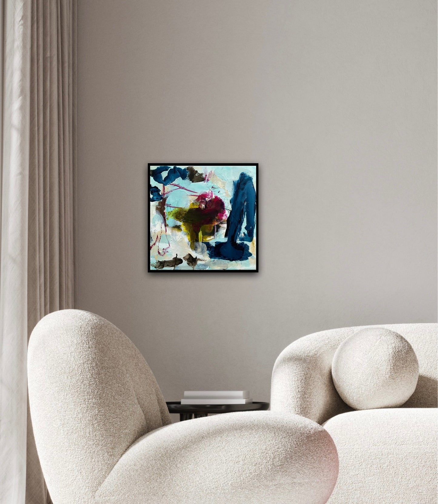 Abstrakt maleri, 40x40 cm, "Full of dreams” by Lone Reedtz , Abstrakt ekspressivt akrylmaleri på lærred Black Blue Brown Green Ochre Purple White