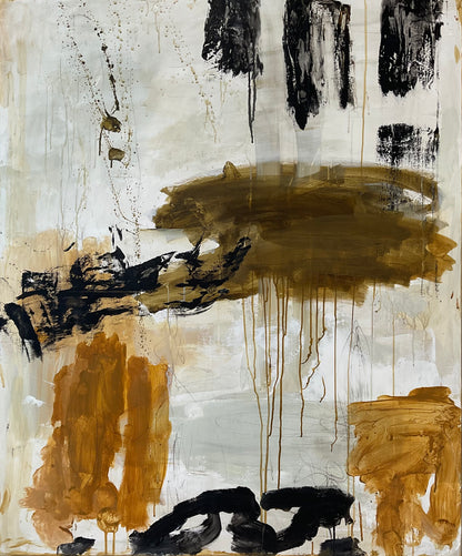 Abstrakt maleri, 120x100 cm, “IN BETWEEN” by Lone Reedtz , Abstrakt ekspressivt akrylmaleri på lærred Blue Brown Green Grey Kunstsamlingen-katalog-2025 Orange Pink White Yellow