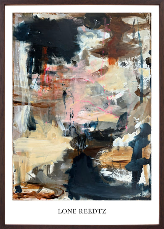 Abstrakt kunstplakat, 44x62 cm, "Simple life" - Limited Edition by Lone Reedtz , Abstrakt ekspressiv kunstplakat Mørk egetræsramme