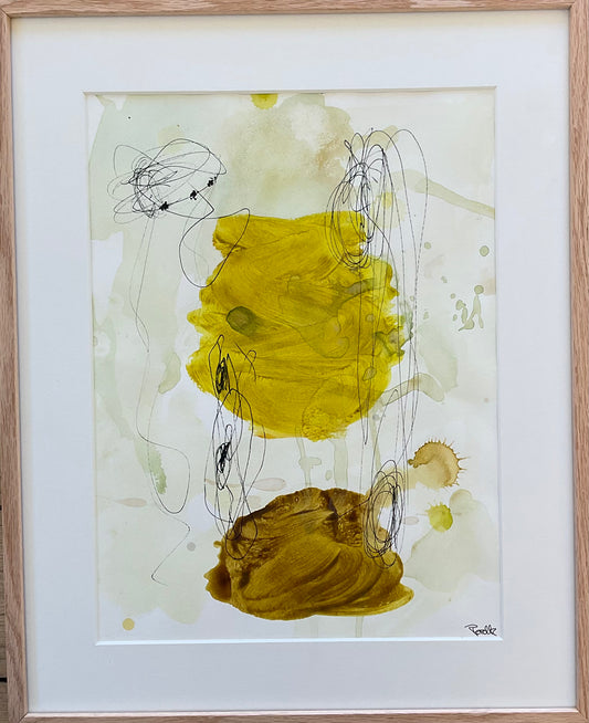 Paperwork, 50x40 cm, med massiv egetræsramme by Lone Reedtz , Abstrakt ekspressivt akrylmaleri på papir i passepartout Childish