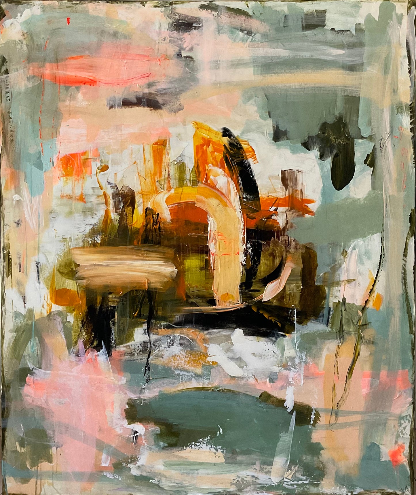 Abstrakt maleri, 120x100 cm, “SWIM INTO THE WORLD” by Lone Reedtz , Abstrakt ekspressivt akrylmaleri på lærred Uden ramme Blue Brown Green Grey Orange Pink White Yellow