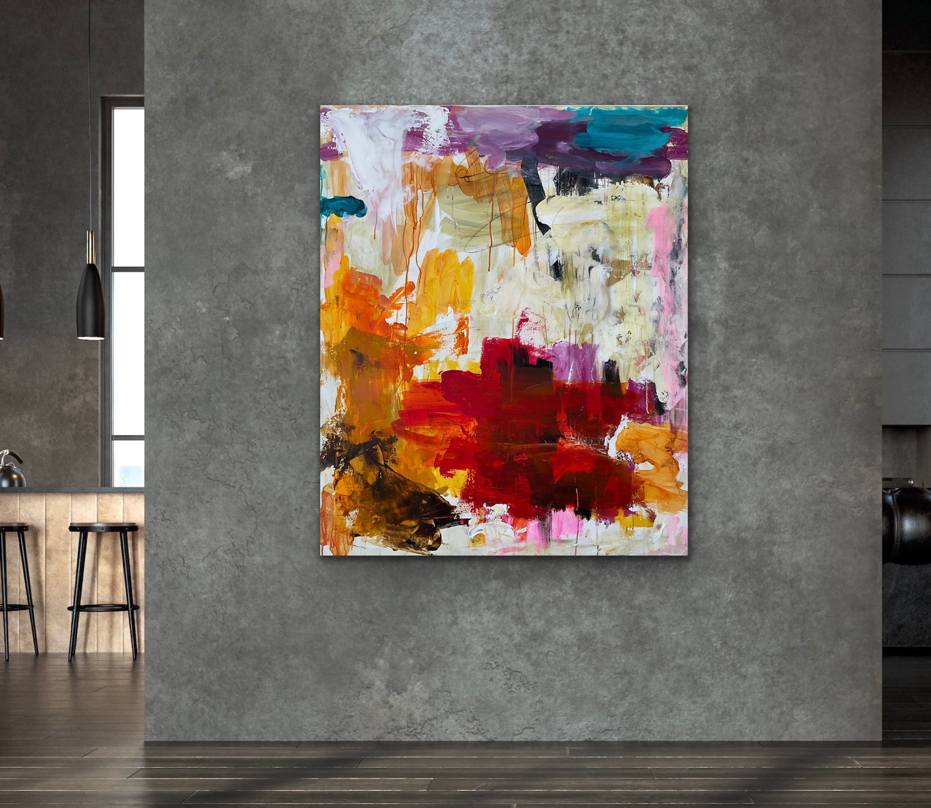 Abstrakt maleri, 120x100 cm, “ENERGY” by Lone Reedtz , Abstrakt ekspressivt akrylmaleri på lærred Blue Brown Green Grey Kunstsamlingen-katalog-2025 Orange Pink White Yellow