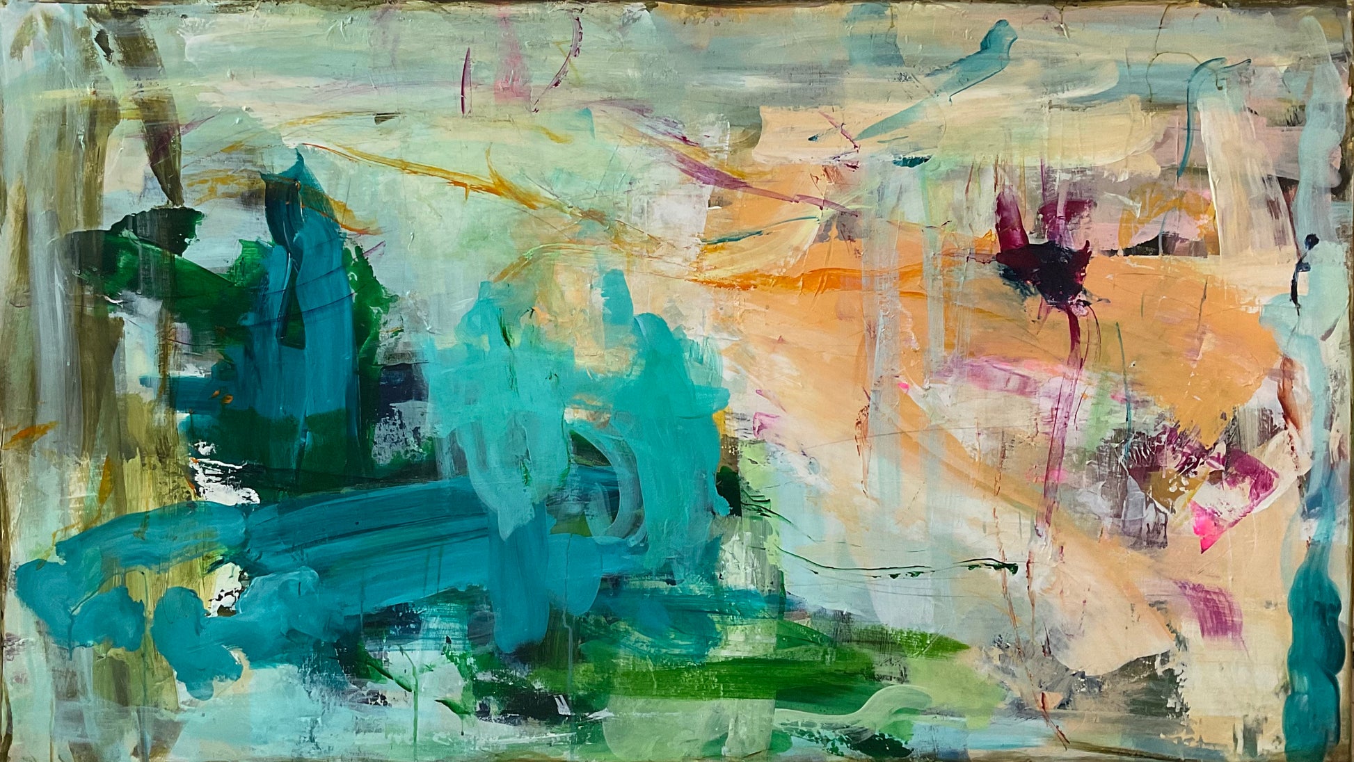 Abstrakt maleri, 80x140 cm, "UNDERNEATH THE SEA” by Lone Reedtz , Abstrakt ekspressivt akrylmaleri på lærred