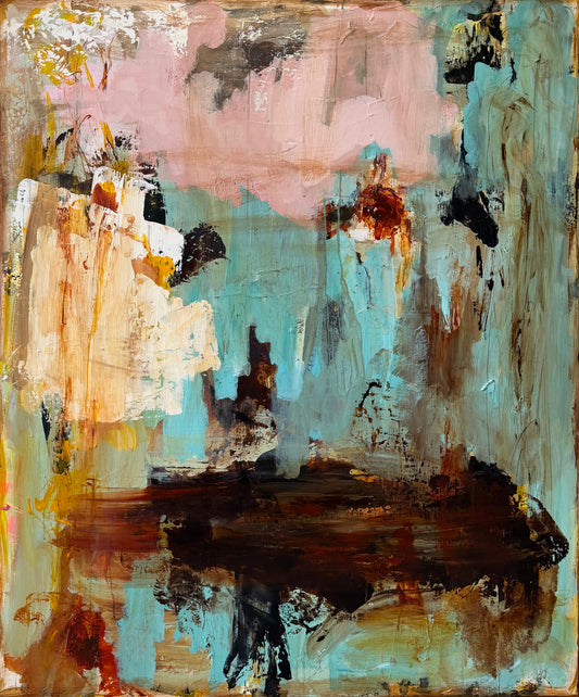 Abstrakt maleri, 120x100 cm, “IN BETWEEN” by Lone Reedtz , Abstrakt ekspressivt akrylmaleri på lærred Blue Brown Green Grey Kunstsamlingen-katalog-2025 Orange Pink White Yellow
