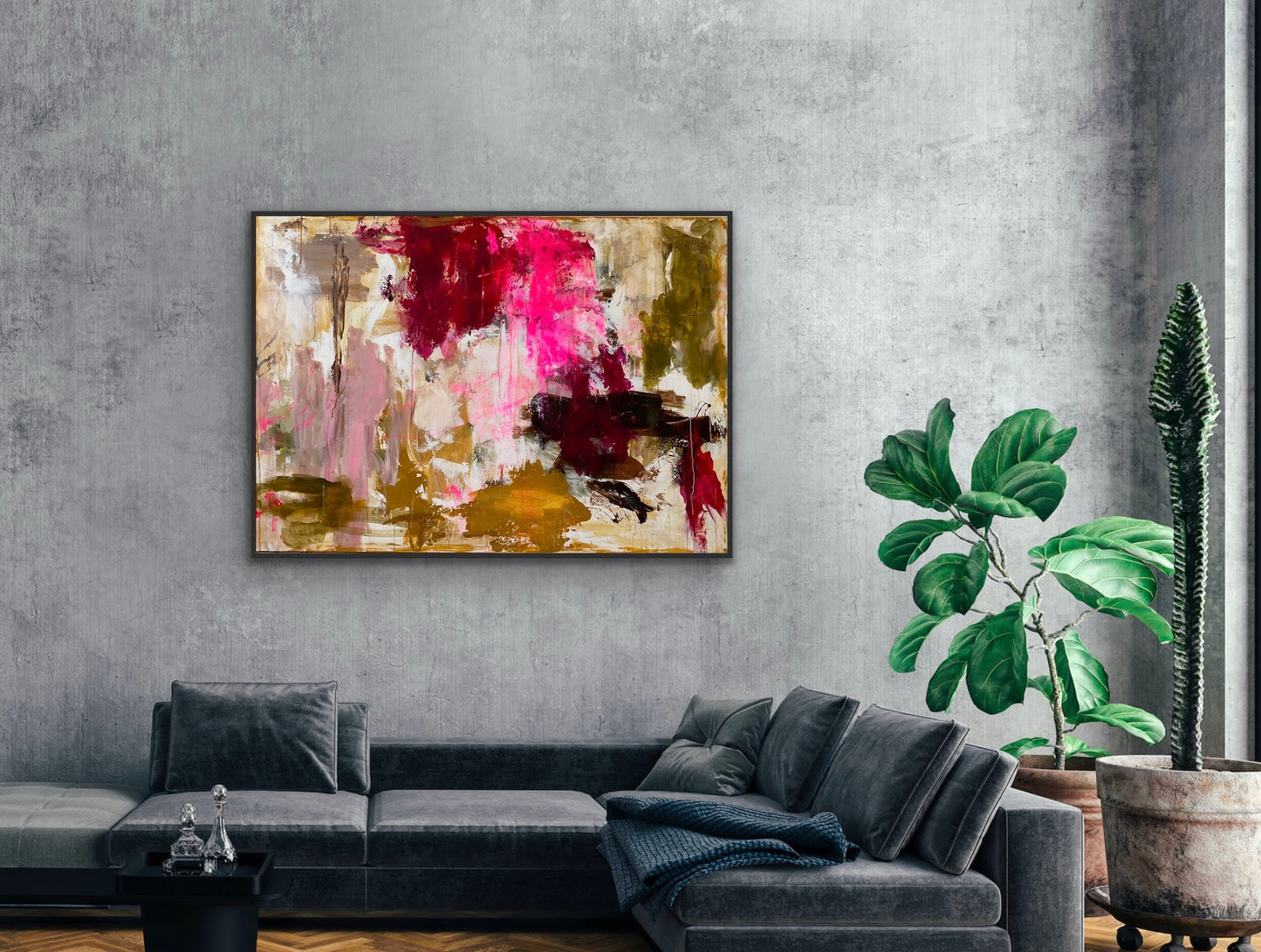 Abstrakt maleri, 100x140 cm, "CELEBRATE LIFE” by Lone Reedtz , Abstrakt ekspressivt akrylmaleri på lærred Med sort svæveramme