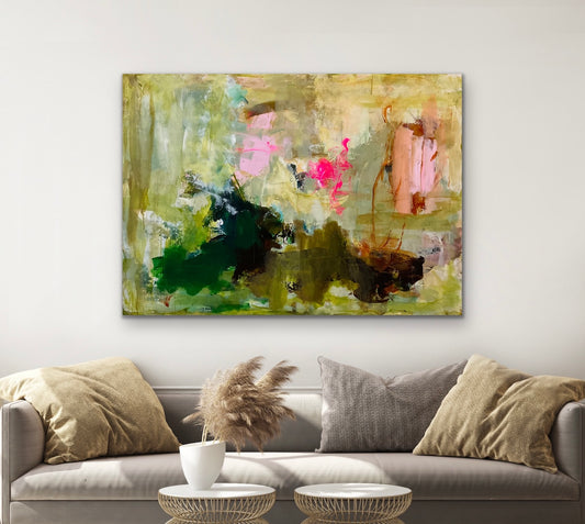 Abstrakt maleri, 100x140 cm, "A QUIET PLACE” by Lone Reedtz , Abstrakt ekspressivt akrylmaleri på lærred