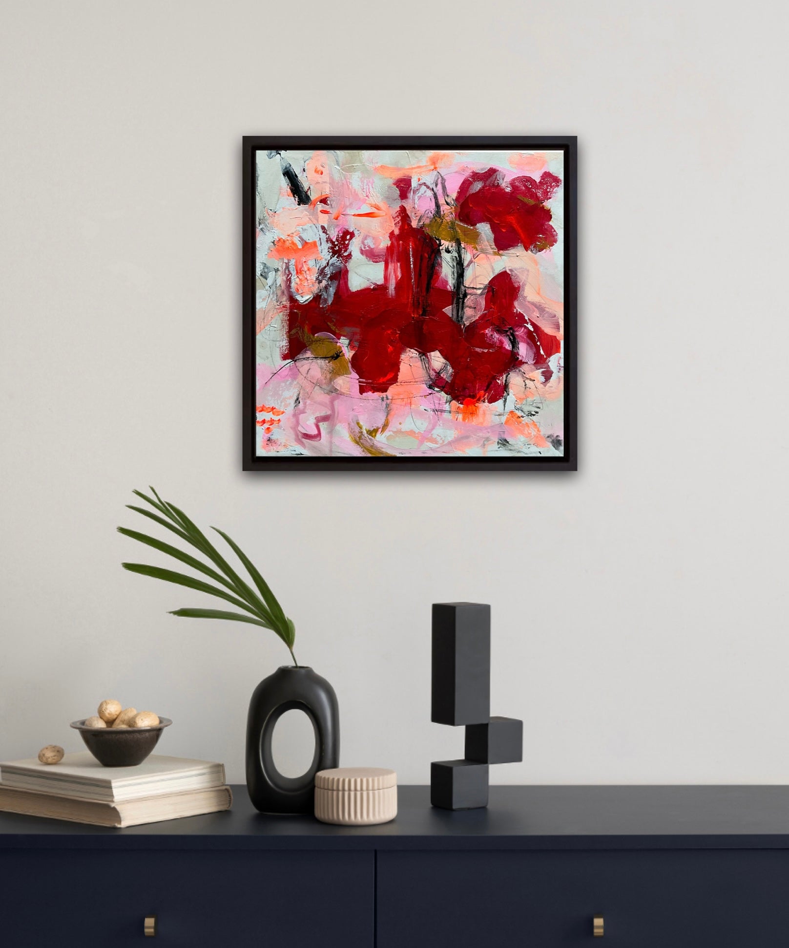 Abstrakt maleri, 40x40 cm, "Pure love” by Lone Reedtz , Abstrakt ekspressivt akrylmaleri på lærred Black Ochre Purple Red White