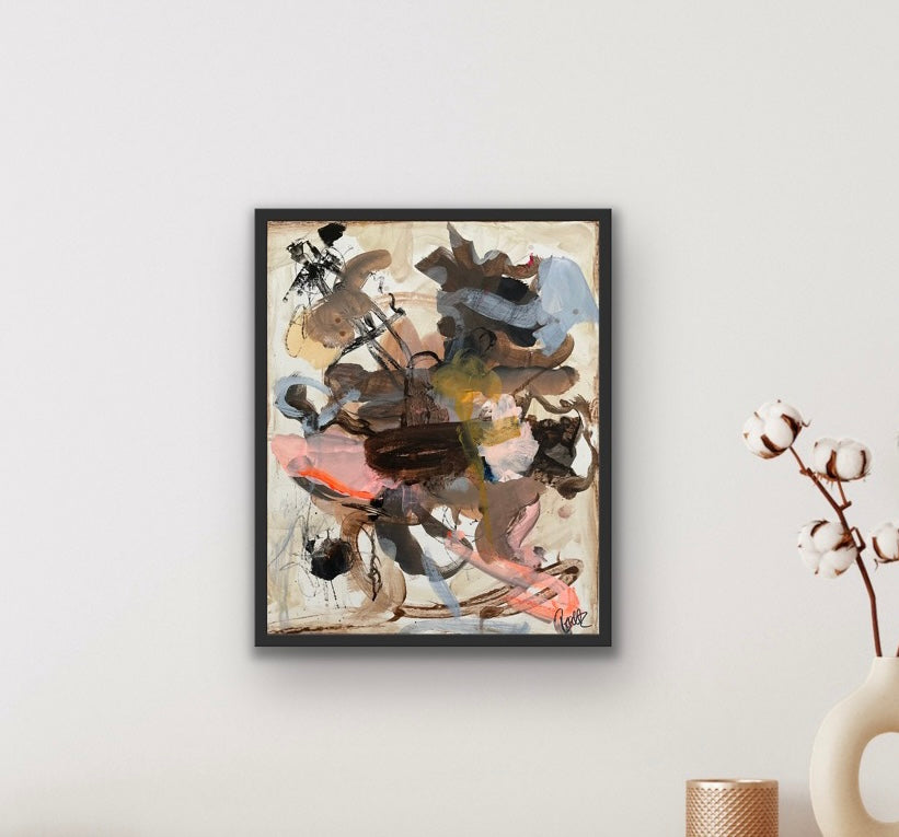 Abstrakt maleri, 40x50 cm, "Nr. 7" by Lone Reedtz , Abstrakt ekspressivt akrylmaleri på lærred Med sort svæveramme