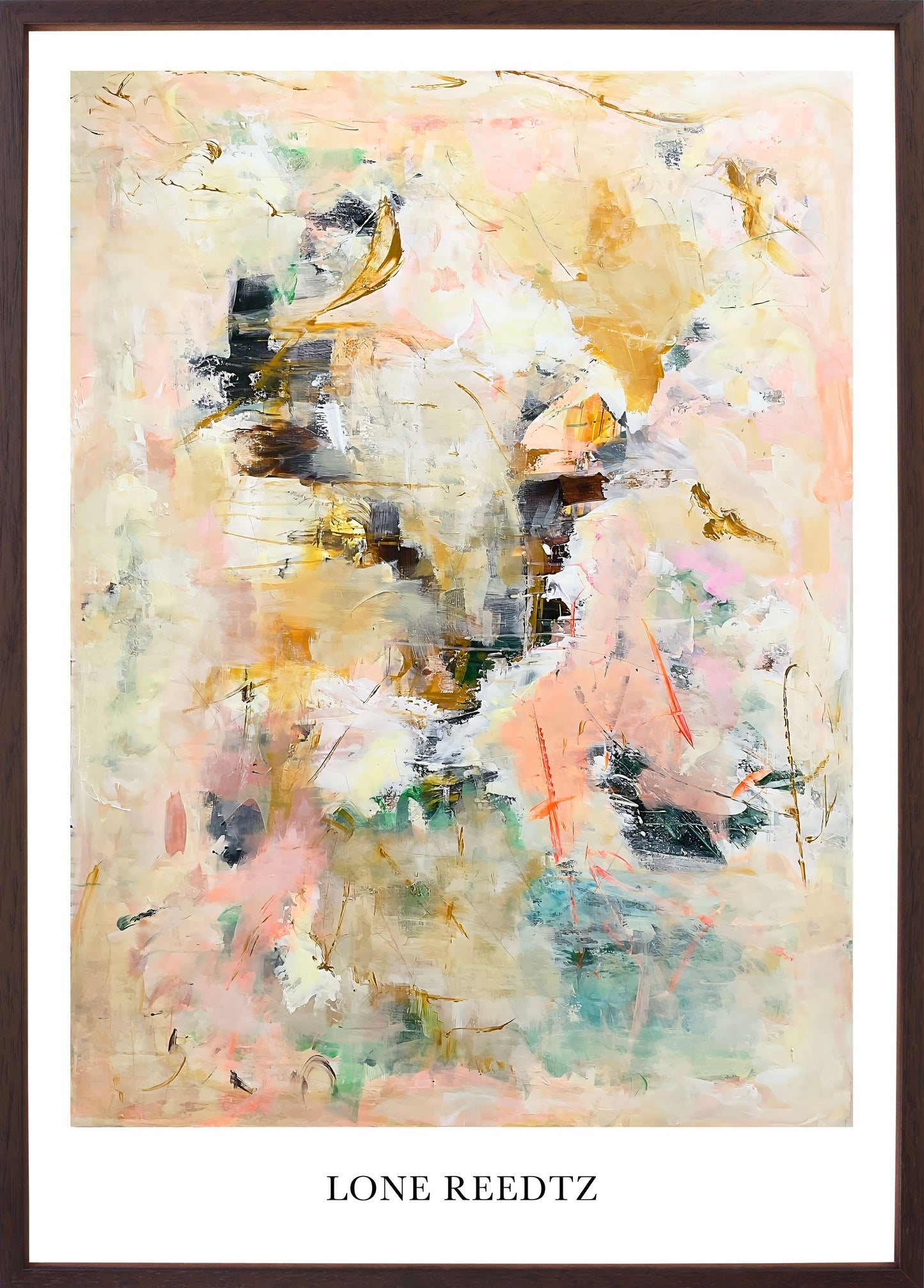 Abstrakt kunstplakat, 62x44 cm, "Happiness" - Limited Edition by Lone Reedtz , Abstrakt ekspressiv kunstplakat Mørk egetræsramme