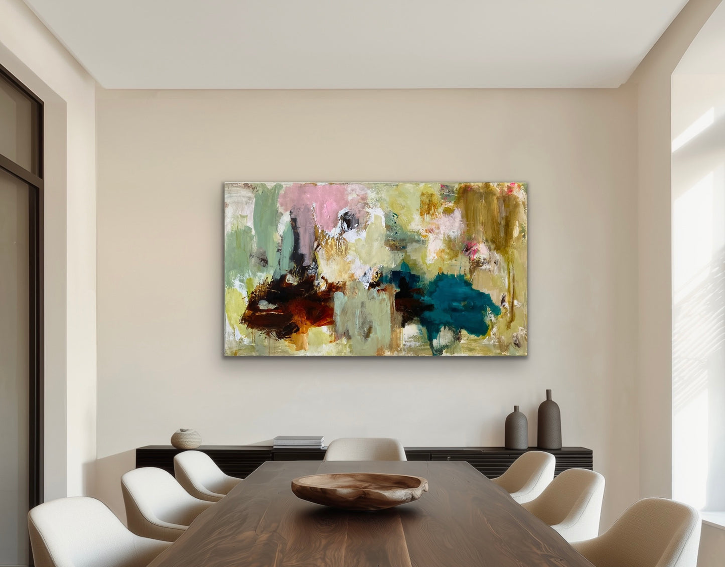 Abstrakt maleri, 80x140 cm, "A PLACE WITHOUT TIME” by Lone Reedtz , Abstrakt ekspressivt akrylmaleri på lærred Uden ramme