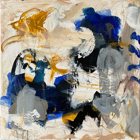 Abstrakt maleri, 40x40 cm, "Cozy" by Lone Reedtz , Abstrakt ekspressivt akrylmaleri på lærred Uden ramme Black Blue Brown Golden Grey Ochre Square White