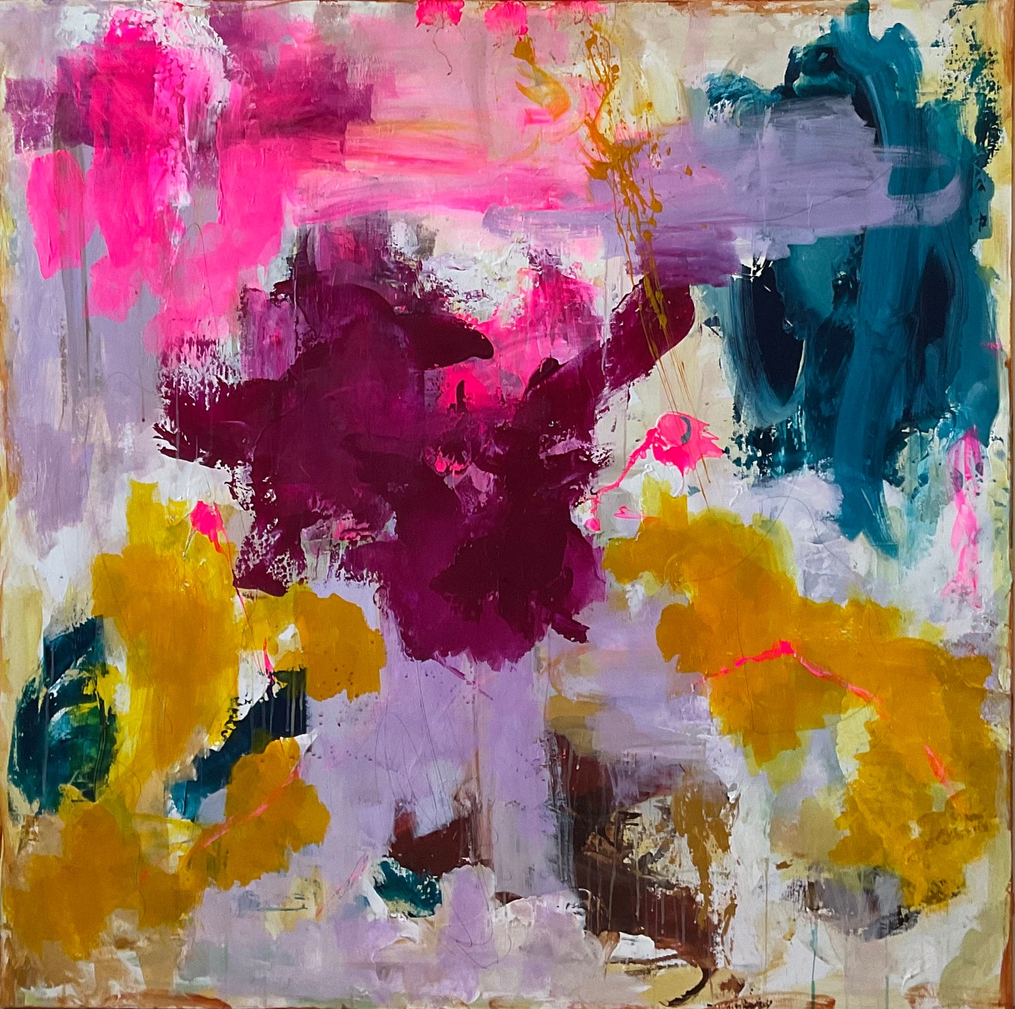 Abstrakt maleri, 120x120 cm, "EMBRACE OF COLORS” by Lone Reedtz , Abstrakt ekspressivt akrylmaleri på lærred