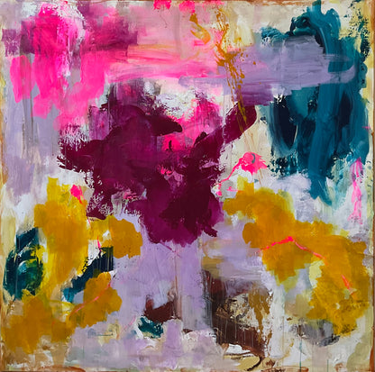 Abstrakt maleri, 120x120 cm, "EMBRACE OF COLORS” by Lone Reedtz , Abstrakt ekspressivt akrylmaleri på lærred