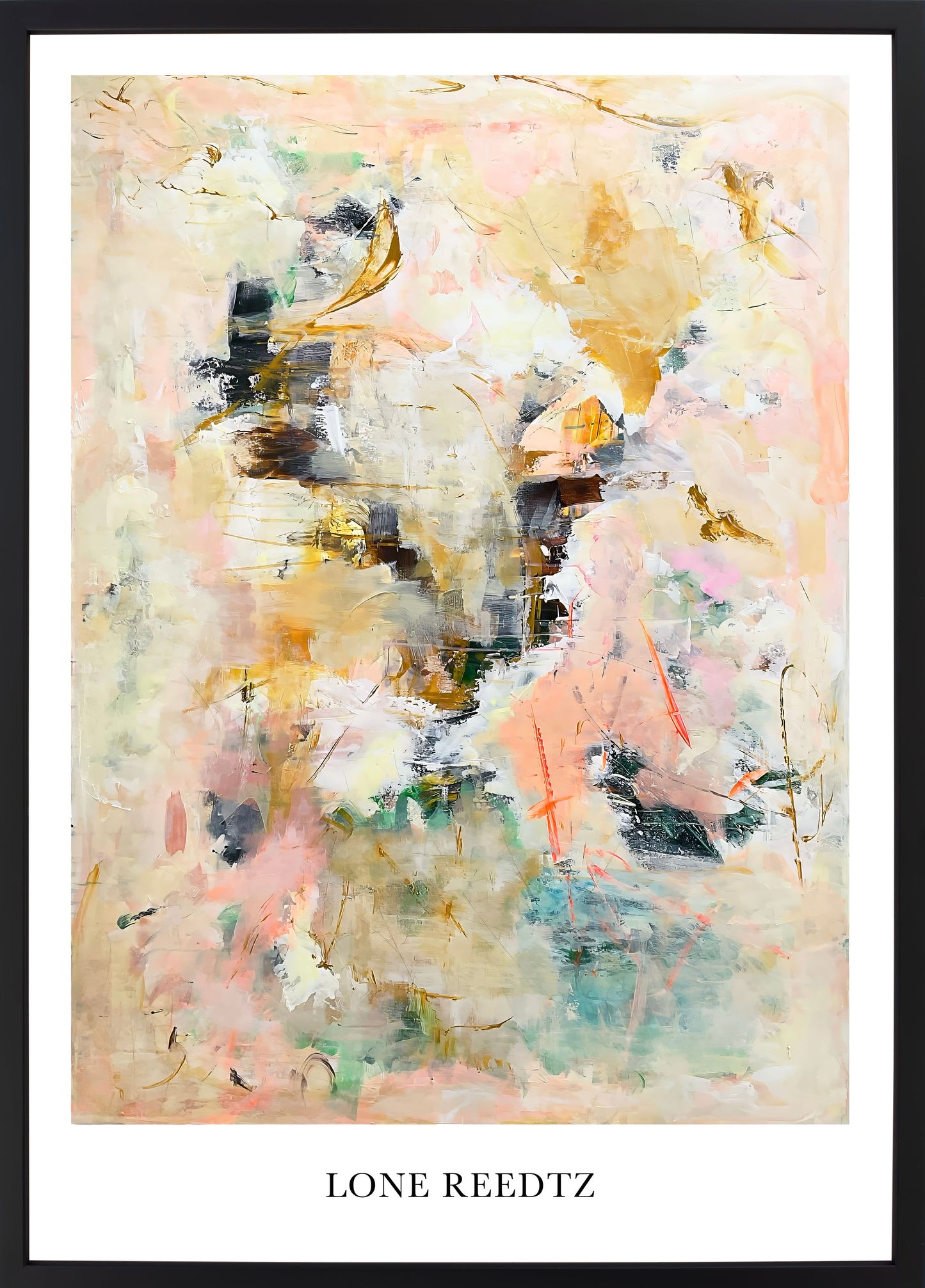 Abstrakt kunstplakat, 62x44 cm, "Happiness" - Limited Edition by Lone Reedtz , Abstrakt ekspressiv kunstplakat Sort træramme