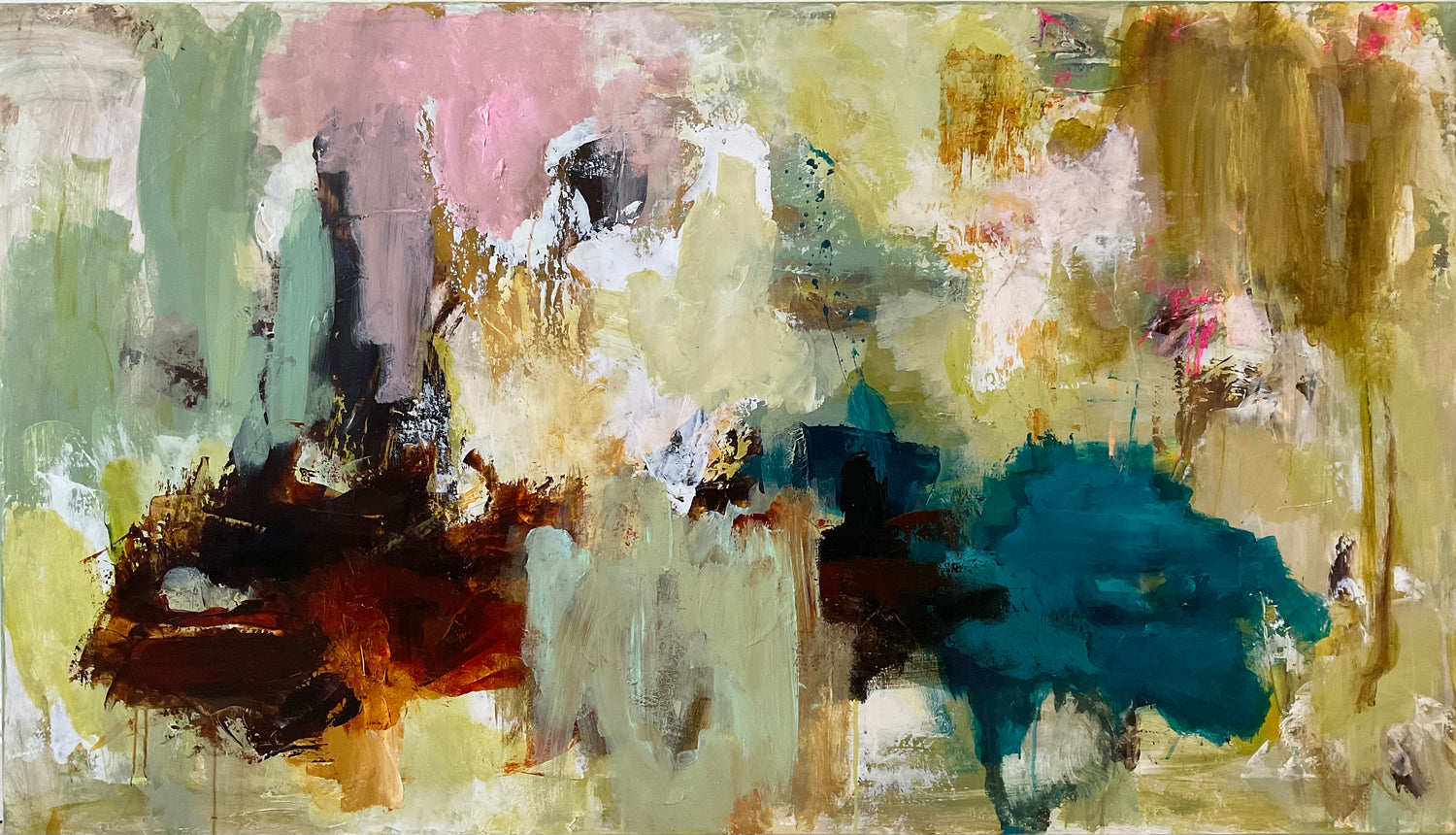 Abstrakt maleri, 80x140 cm, "A PLACE WITHOUT TIME” by Lone Reedtz , Abstrakt ekspressivt akrylmaleri på lærred