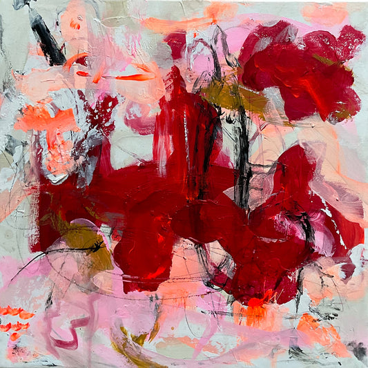 Abstrakt maleri, 40x40 cm, "Pure love” by Lone Reedtz , Abstrakt ekspressivt akrylmaleri på lærred Uden ramme Black Ochre Purple Red White
