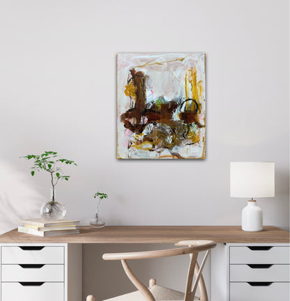 Abstrakt maleri, 50x60cm, “Family” by Lone Reedtz , Abstrakt ekspressivt akrylmaleri på lærred Uden ramme Black Brown Grey Ochre Pink White Yellow
