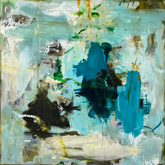 Abstrakt maleri, 80x80 cm, ”VANDETS POESI” by Lone Reedtz , Abstrakt ekspressivt akrylmaleri på lærred