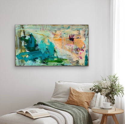 Abstrakt maleri, 80x140 cm, "UNDERNEATH THE SEA” by Lone Reedtz , Abstrakt ekspressivt akrylmaleri på lærred