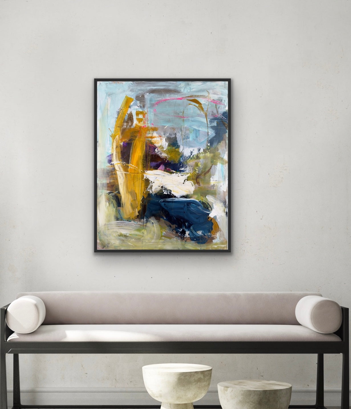 Abstrakt maleri, 70x90 cm, "Beautiful people” by Lone Reedtz , Abstrakt ekspressivt akrylmaleri på lærred Med sort svæveramme