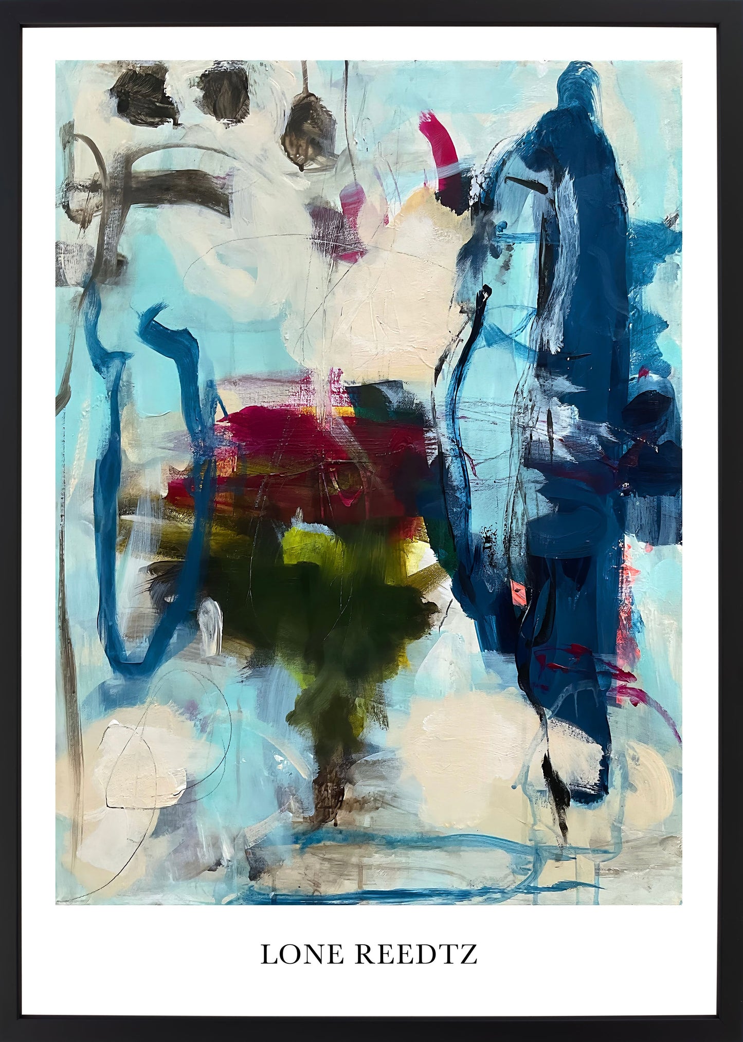 Abstrakt kunstplakat, 62x44 cm, "Lily" - Limited Edition by Lone Reedtz , Abstrakt ekspressiv kunstplakat Sort træramme