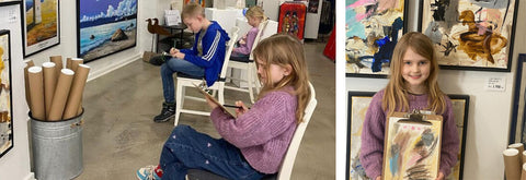 Børn som parafraserer malerier af Lone Reedtz til børneworkshop i Galleri &Os