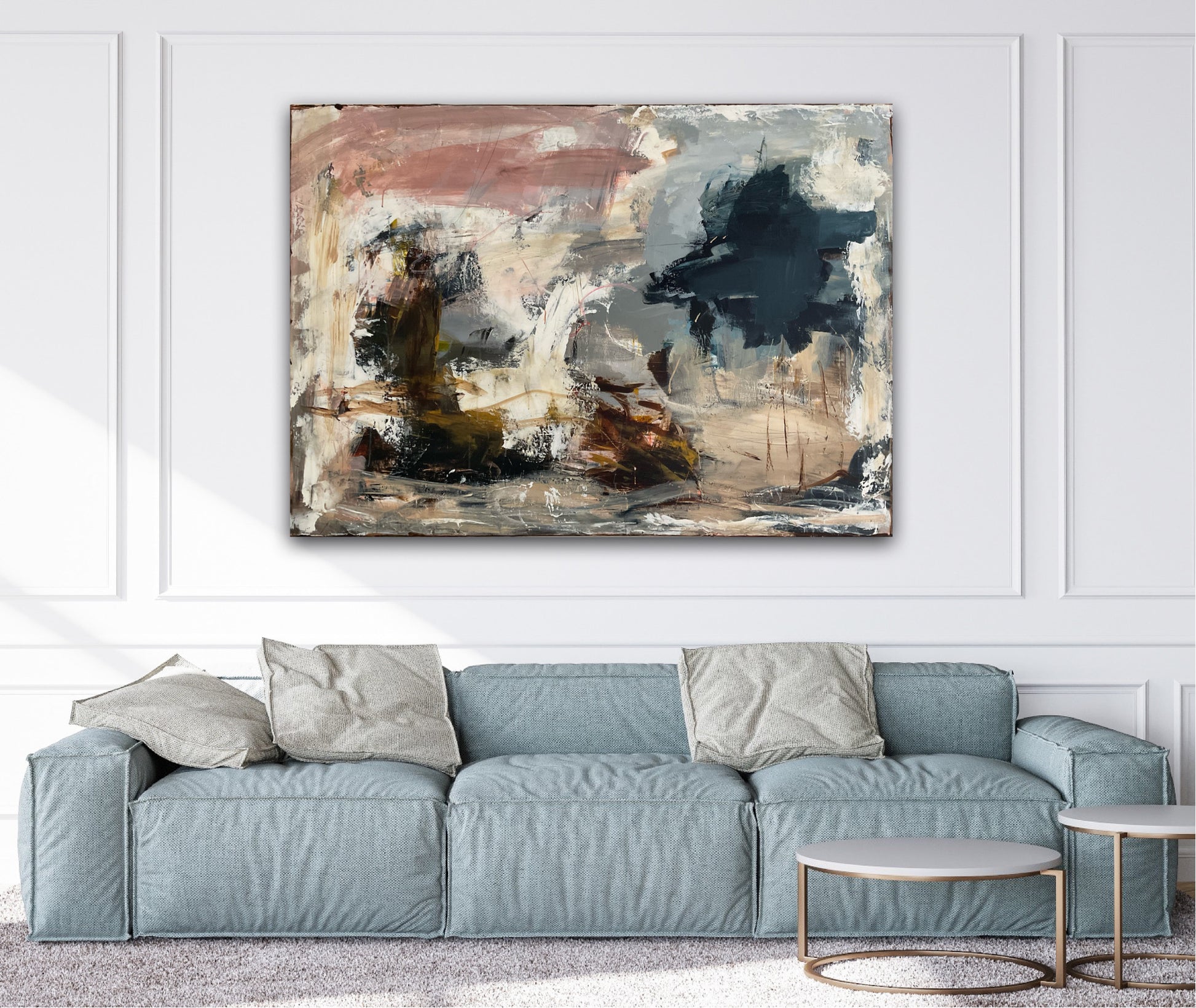 Abstrakt maleri, 140x100 cm, "Guardian angels" by Lone Reedtz , Abstrakt ekspressivt akrylmaleri på lærred Black Blue Brown Grey Ochre Orange Pink White