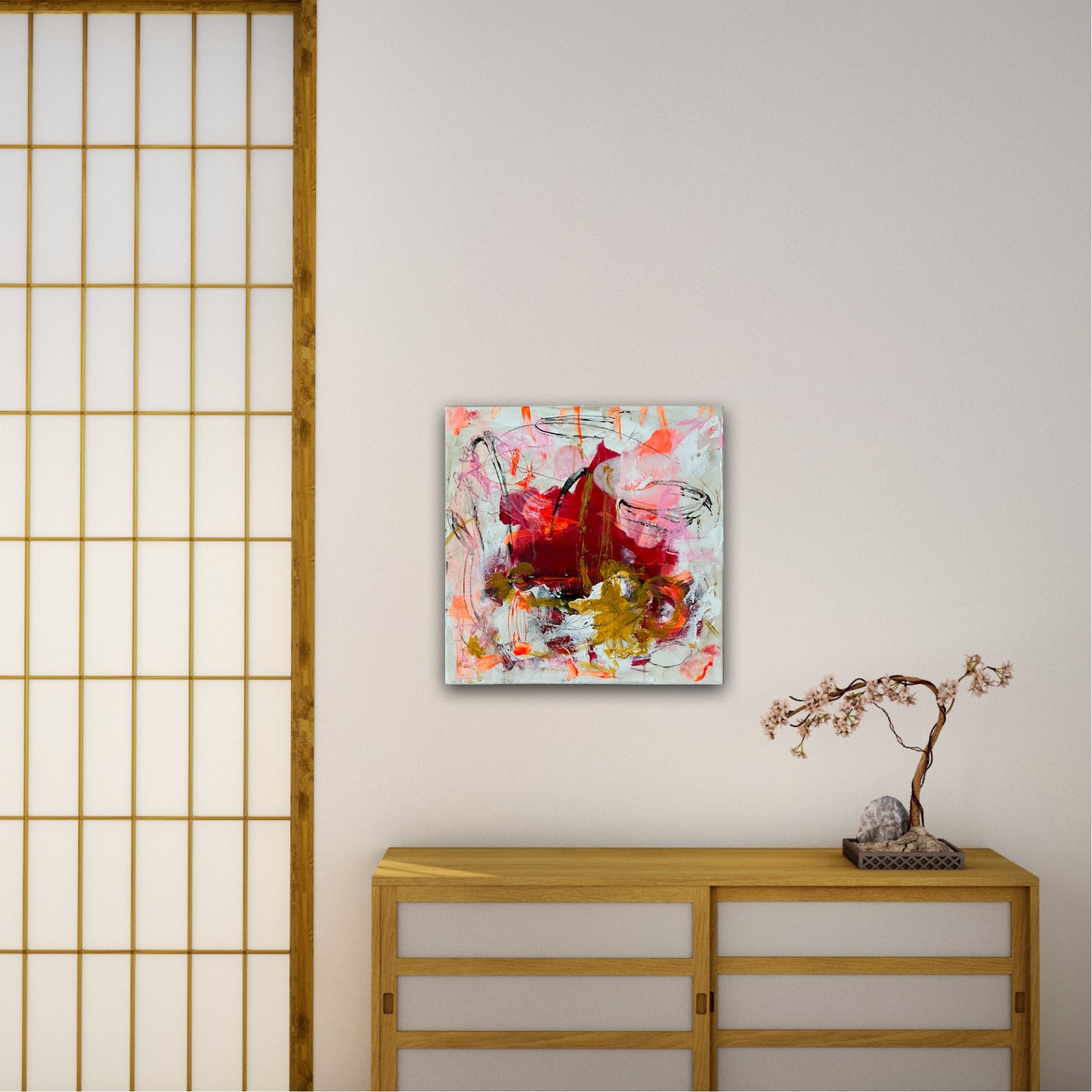 Abstrakt maleri, 40x40 cm, "Livsglæde" by Lone Reedtz , Abstrakt ekspressivt akrylmaleri på lærred Black Ochre Orange Pink Red Square White