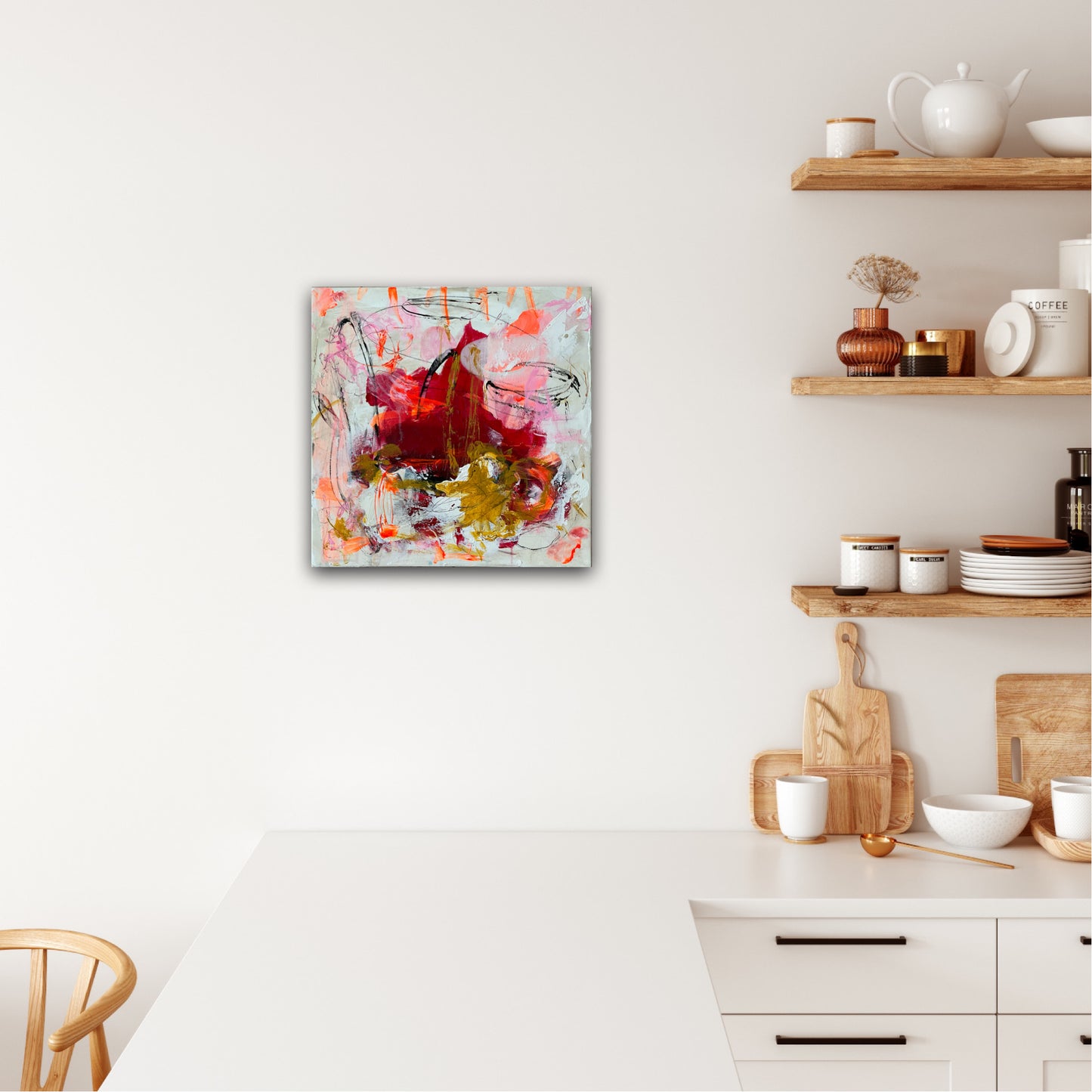 Abstrakt maleri, 40x40 cm, "Livsglæde" by Lone Reedtz , Abstrakt ekspressivt akrylmaleri på lærred Black Ochre Orange Pink Red Square White