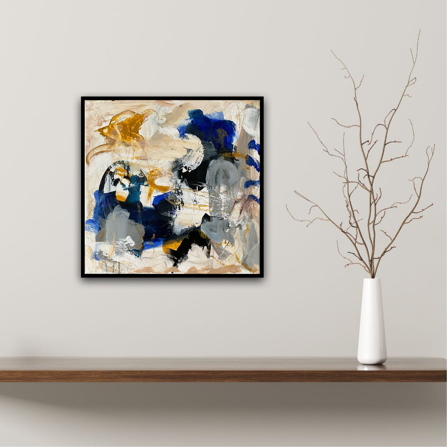 Abstrakt maleri, 40x40 cm, "Cozy" by Lone Reedtz , Abstrakt ekspressivt akrylmaleri på lærred Black Blue Brown Golden Grey Ochre Square White