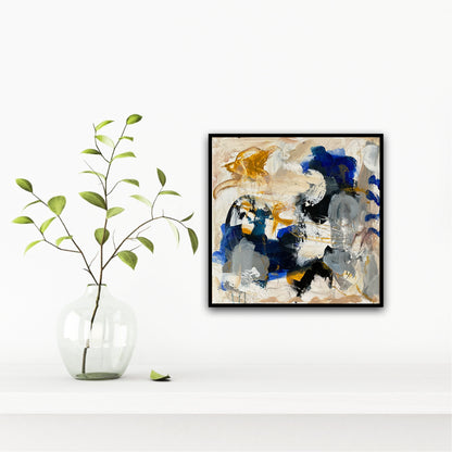 Abstrakt maleri, 40x40 cm, "Cozy" by Lone Reedtz , Abstrakt ekspressivt akrylmaleri på lærred Med sort svæveramme Black Blue Brown Golden Grey Ochre Square White